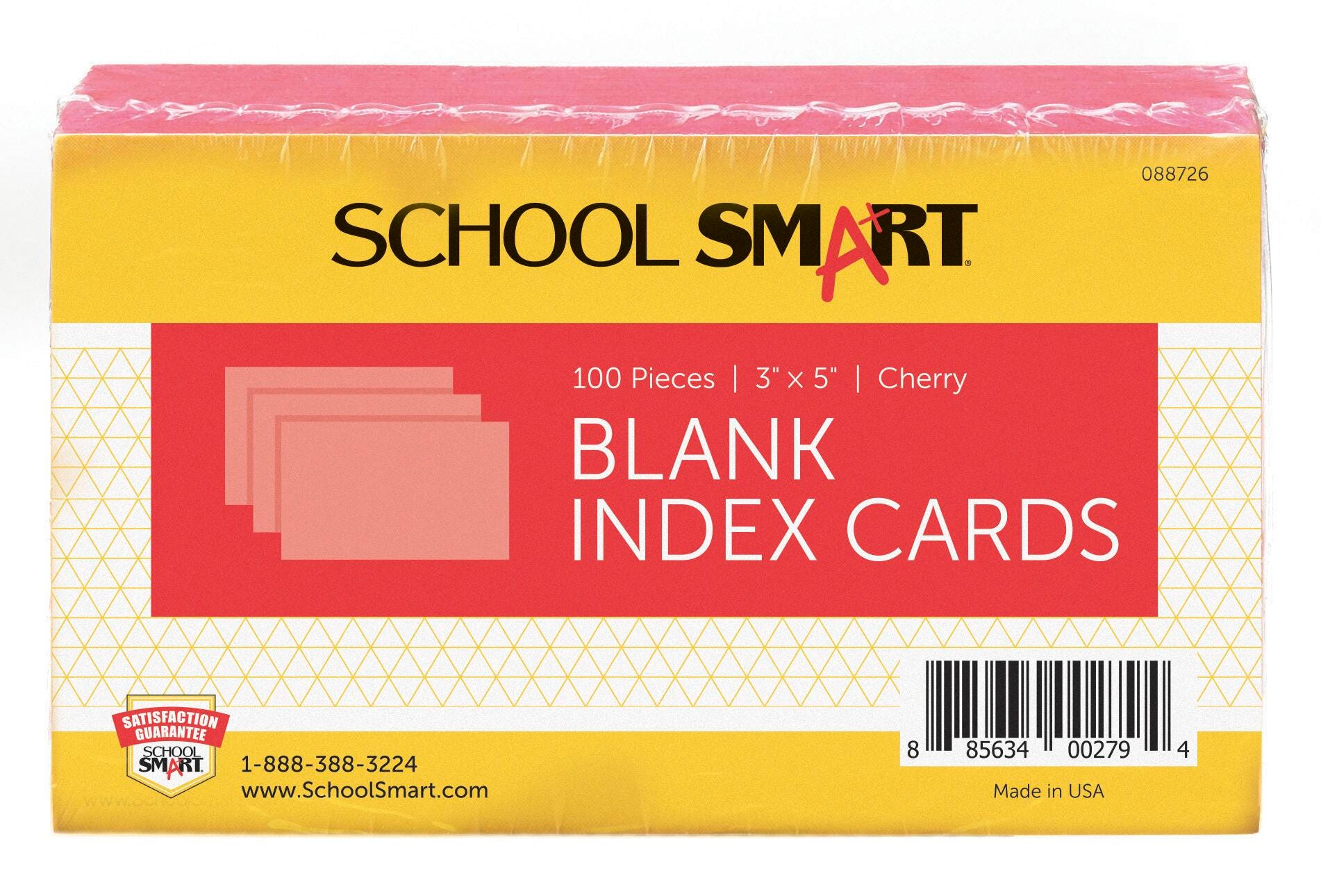 School Smart Blank Plain Index Card, 3 x 5 Inches, Cherry, Pack of 100 088726